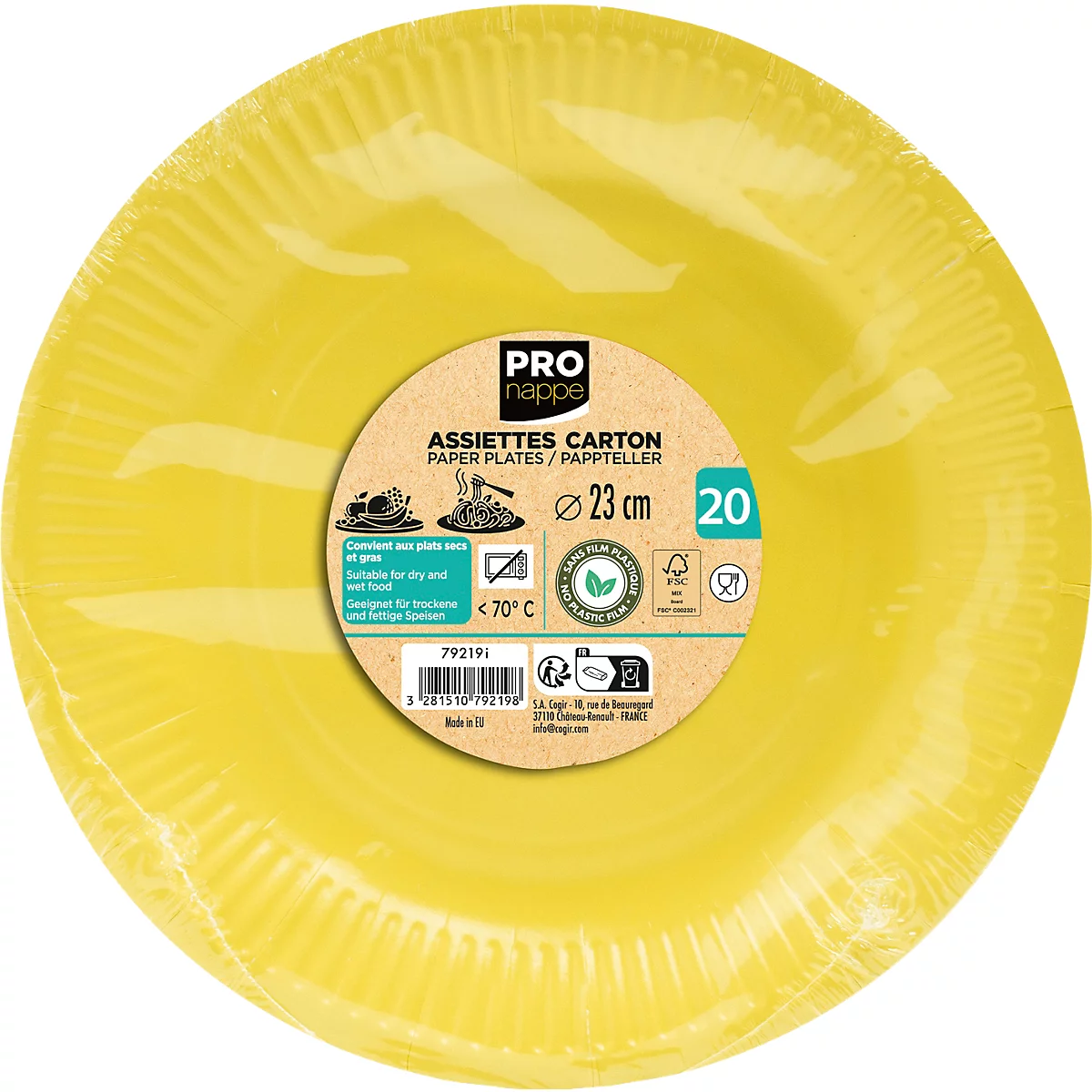Gelbe Pappteller in Folie verpackt, mit Produktinformationen: PRO nappe, Ø 23 cm, 20 Stück.