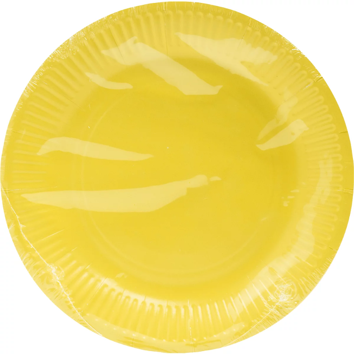 Gelbe Pappteller in Folie verpackt.