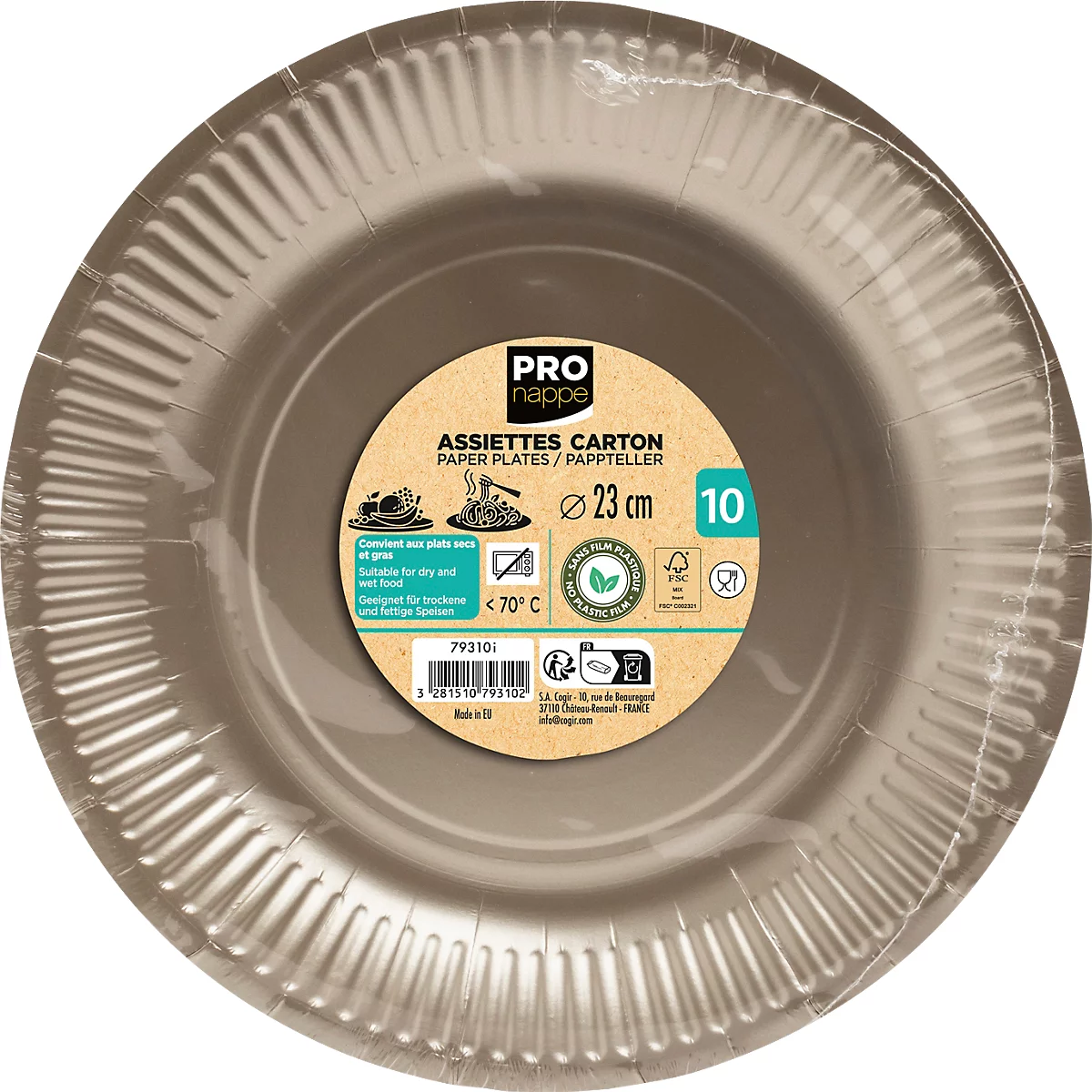 Braune Pappteller, eingeschweisst, mit Produktinformationen.