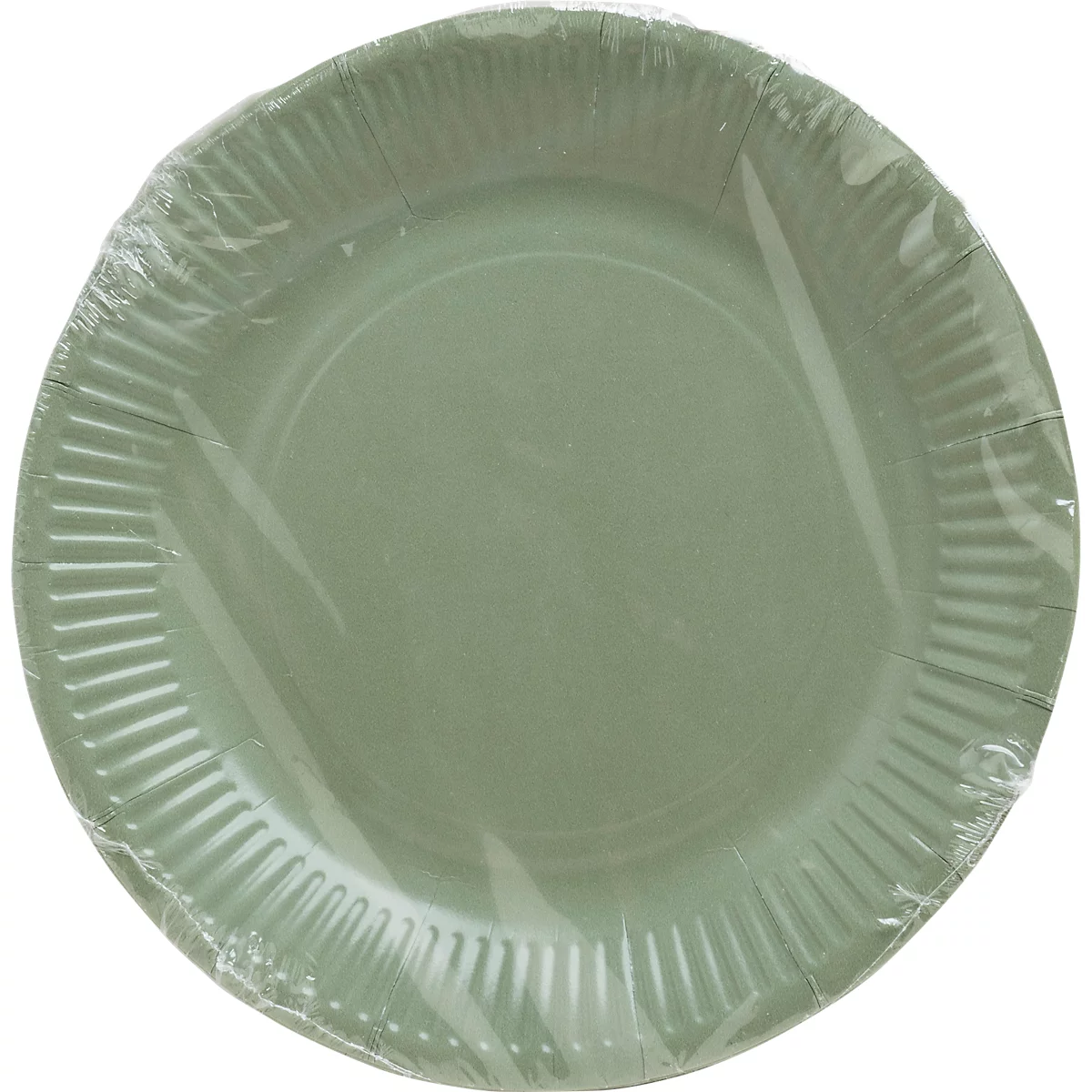 Hellgrüner Pappteller, in Plastikfolie verpackt.