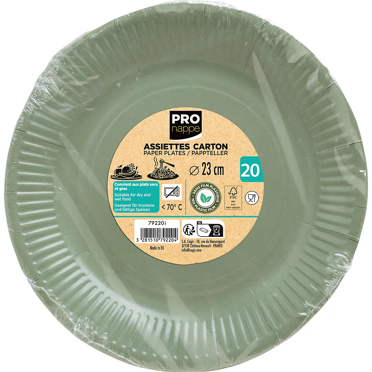 Hellgrüne Pappteller, eingeschweisst, mit Produktbeschriftung. Aufdruck: 23 cm, 20 Stück, Papier-Teller.