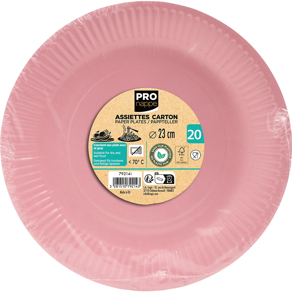 Hellrosa Pappteller, verpackt. Aufdruck: "PRO nappe", "ASSIETTES CARTON", 23 cm, 20 Stück, geeignet für Speisen bis 70°C.