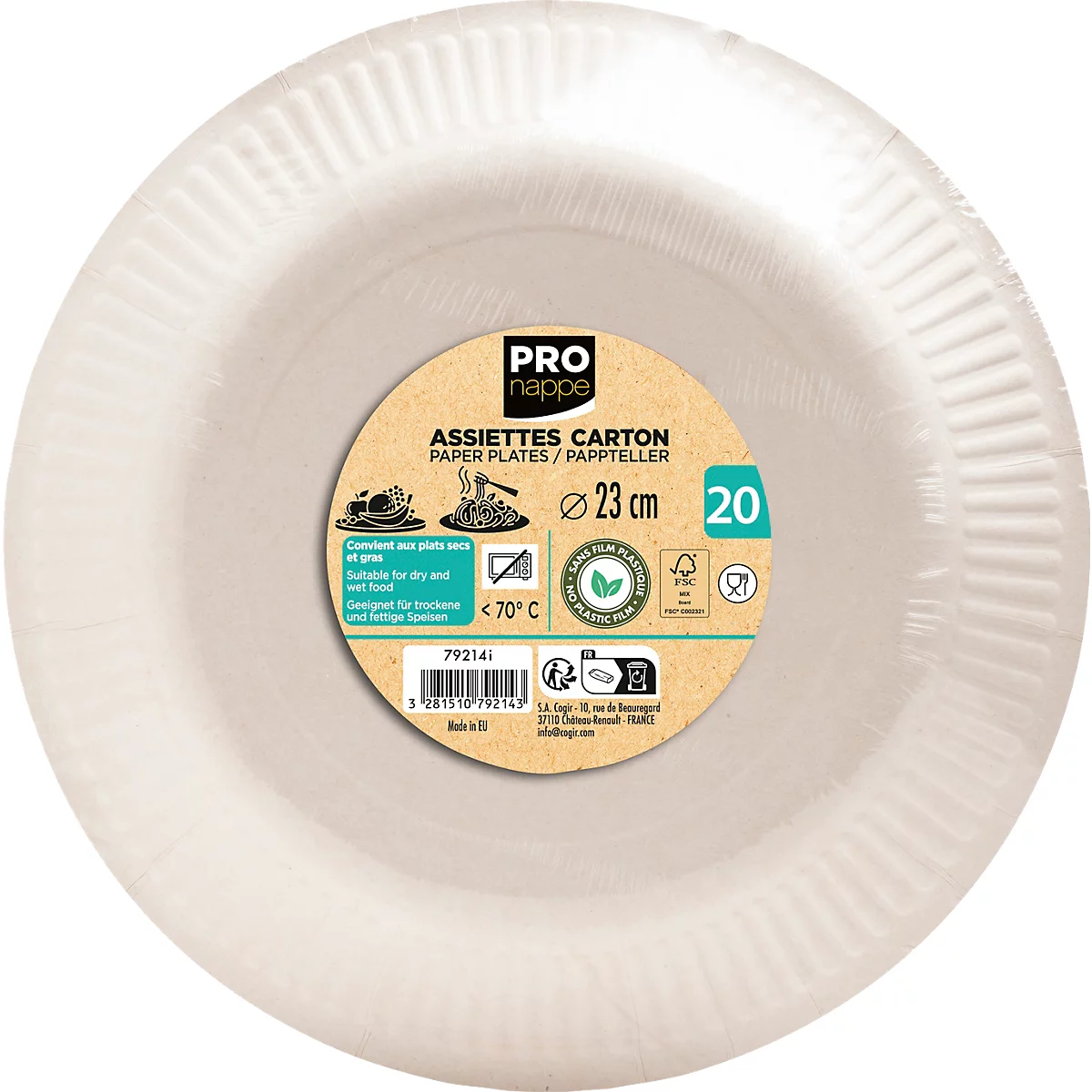 Hellbeige Pappteller, durchsichtig verpackt. Aufkleber: Produktname, Grösse, Menge, geeignet für trockene Speisen.