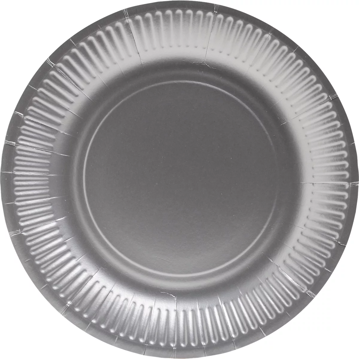 Ein grauer Pappteller mit geriffeltem Rand.