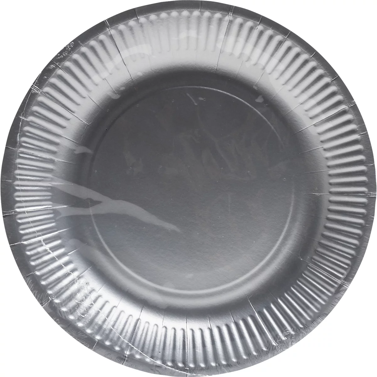 Ein silberner Pappteller, geriffeltem Rand und transparentem Schutz.