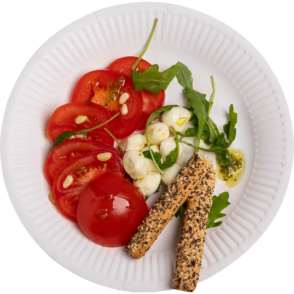 Teller mit Tomaten, Mozzarella, Rucola, Olivenöl und Brotstangen.