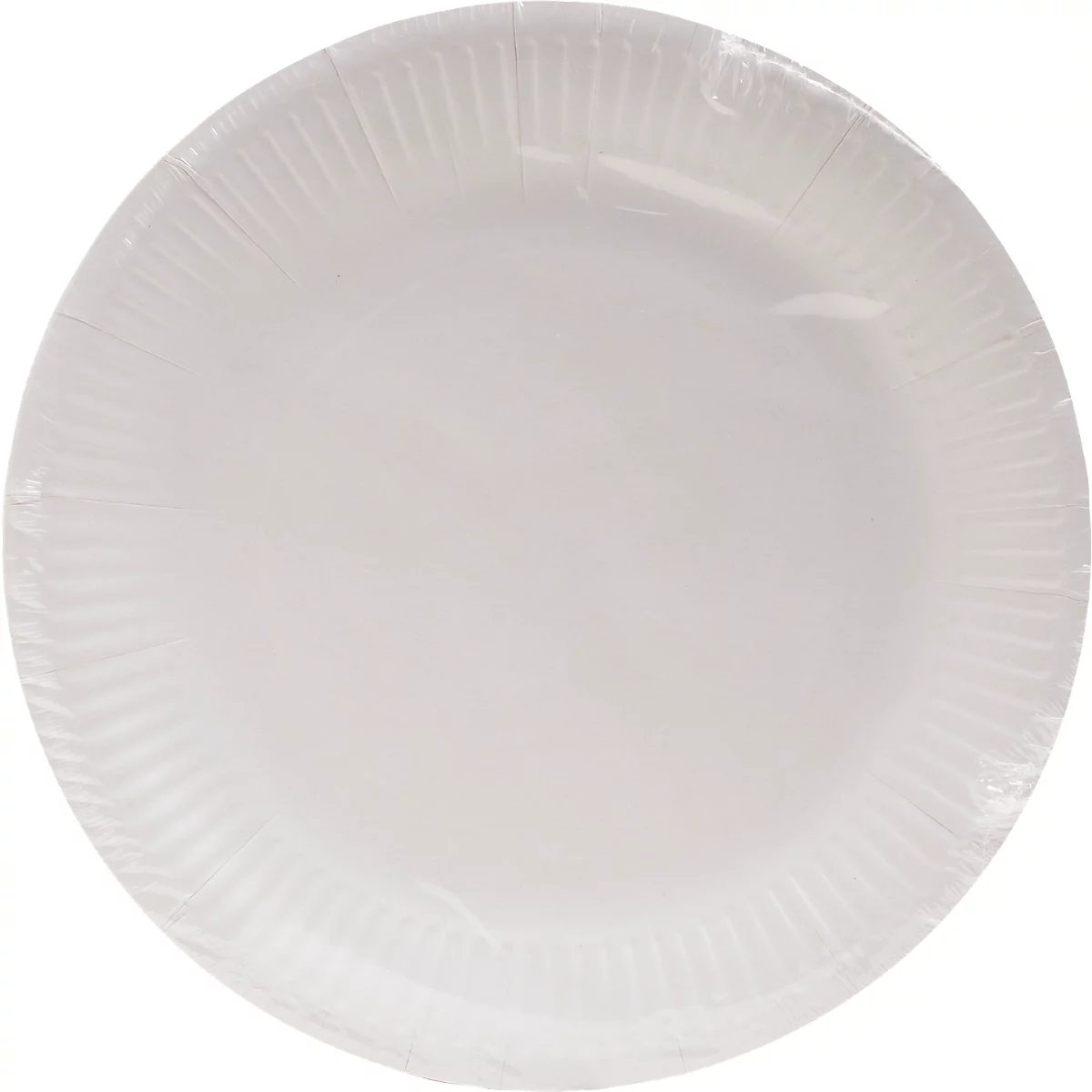 Ein weisser Pappteller, in Plastikfolie verpackt, liegt vor neutralem Hintergrund.