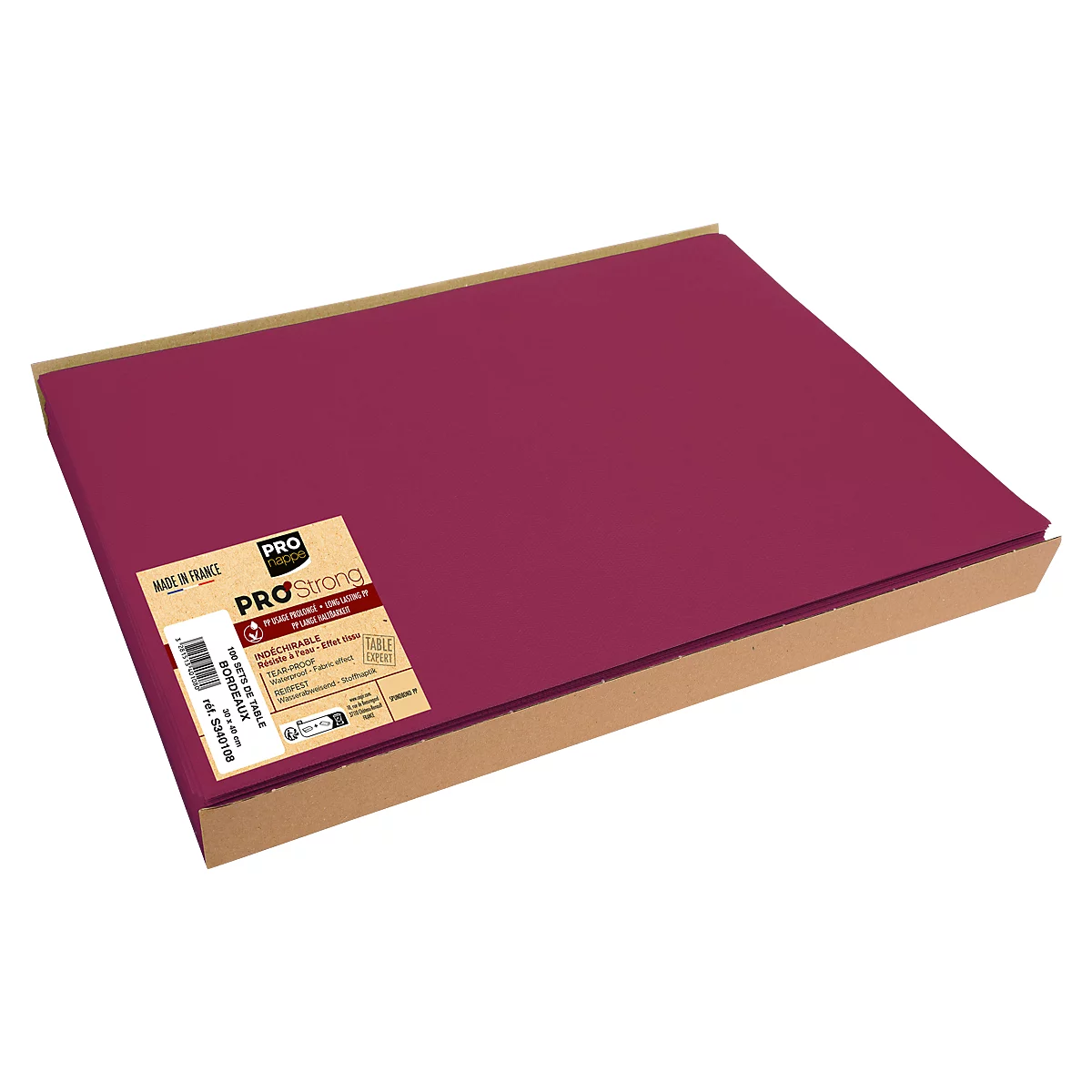 Een bordeauxrode papieren vel in een bruine kartonnen doos. Etiket met productinformatie.