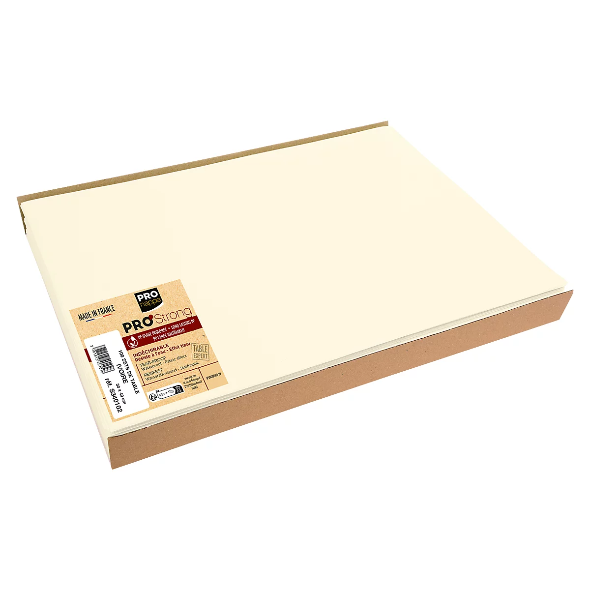 Een pak crèmekleurig papier in een bruine kartonnen doos. Stickers met productinformatie.