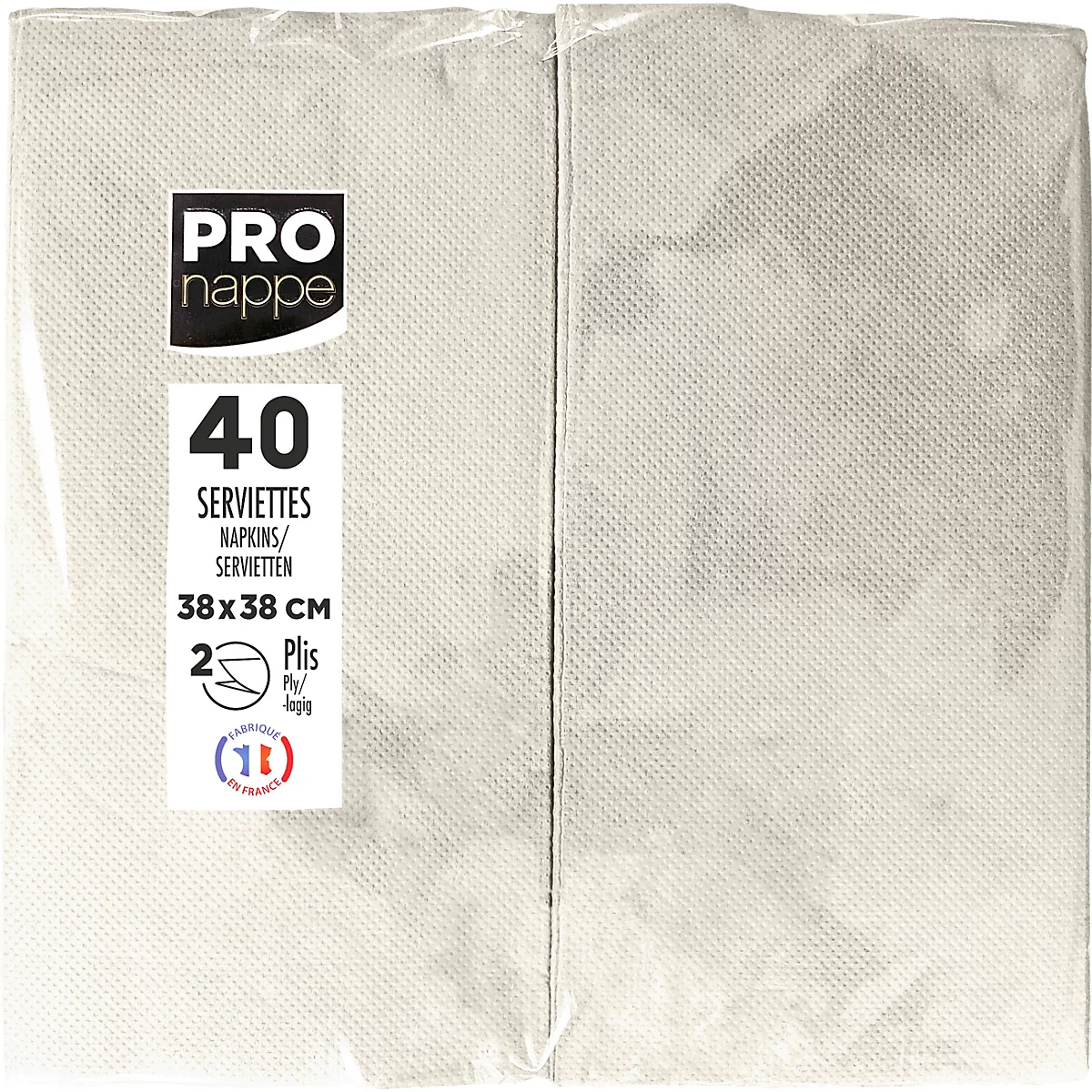 Packung Servietten, cremefarben, in Folie verpackt. Aufdruck mit Hersteller, Anzahl 40, Abmessungen.