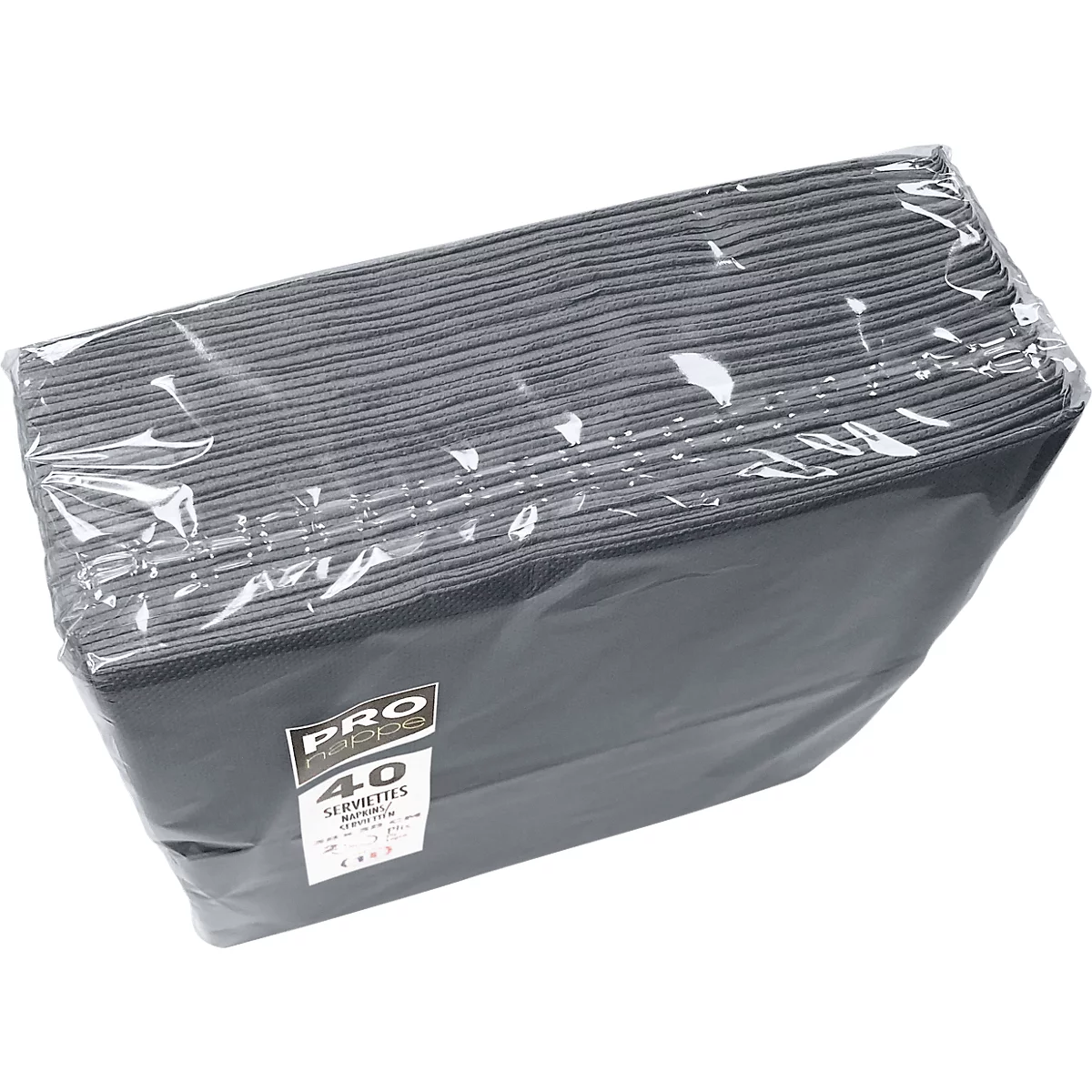 Ein Paket mit 40 schwarzen Servietten, in Folie verpackt.