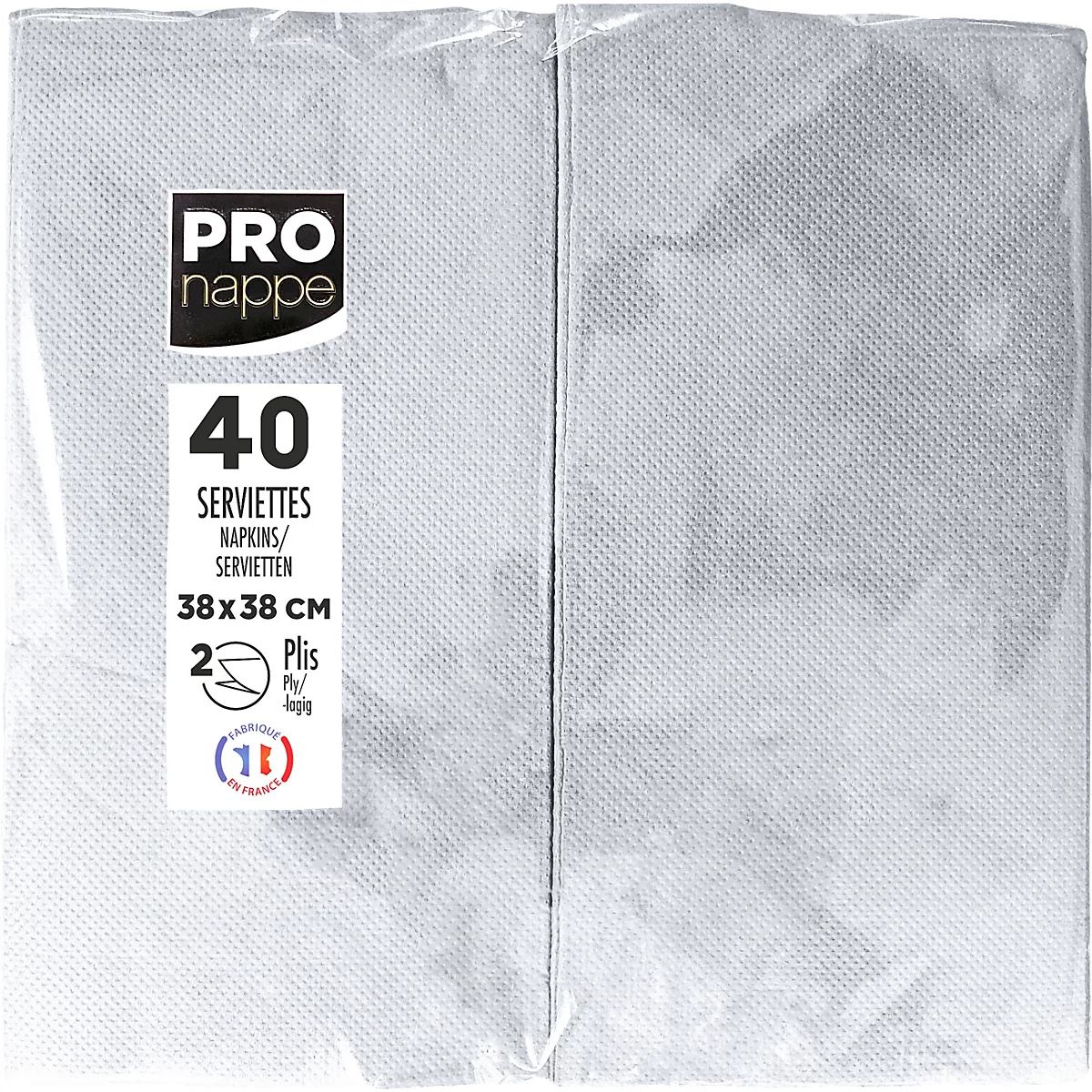Packung weisse Servietten, 40 Stück, 38x38 cm. Mit "PRO nappe" Logo und Produktinformationen.