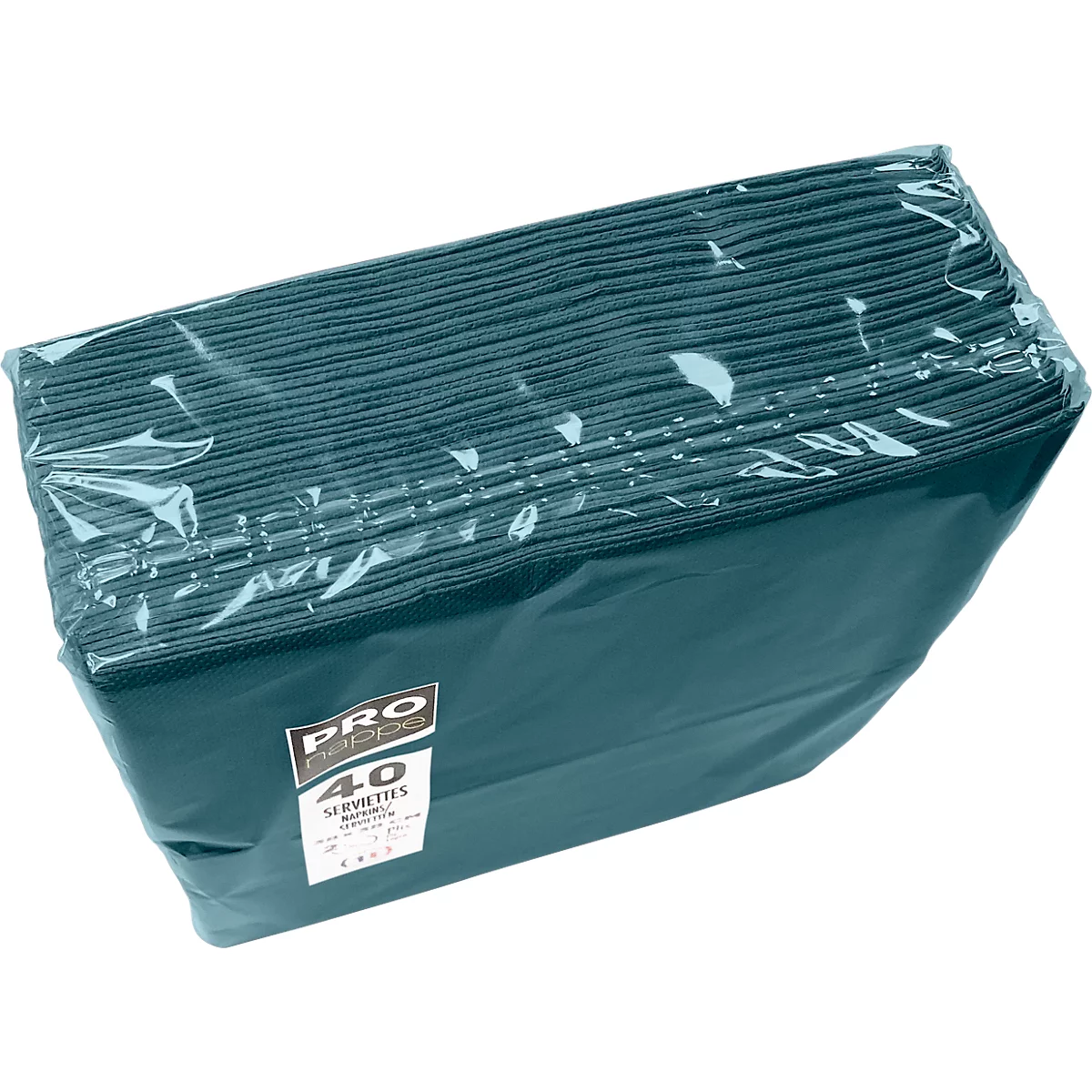 Ein Paket dunkelgrüner Servietten in Folie verpackt. Auf dem Label steht 'PRO qualité' und '40 Serviettes'.