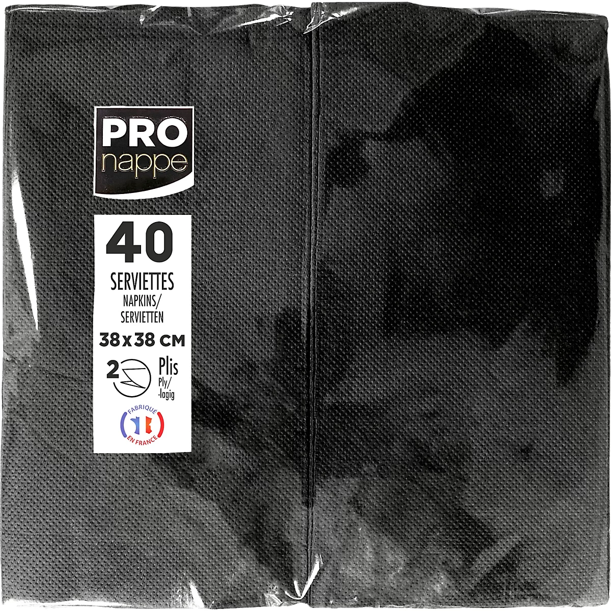 Schwarze Serviettenverpackung mit Text: „PRO nappe“, „40 Serviettes“, „38x38 cm“.