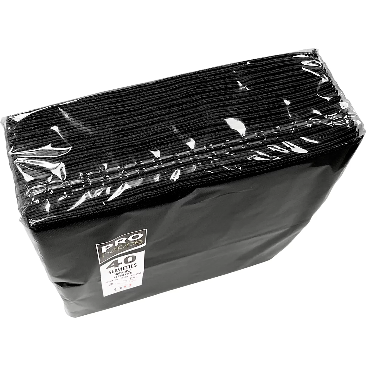Ein Paket schwarzer Servietten in durchsichtiger Plastikverpackung. Auf dem Label steht "40 Servietten".