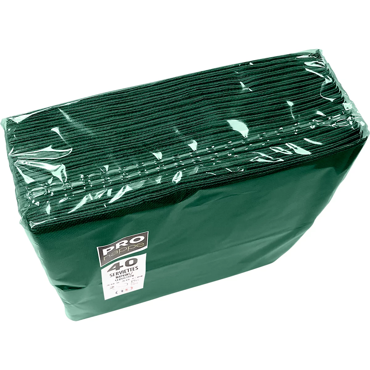 Ein Paket grüner Servietten in durchsichtiger Plastikfolie verpackt.
