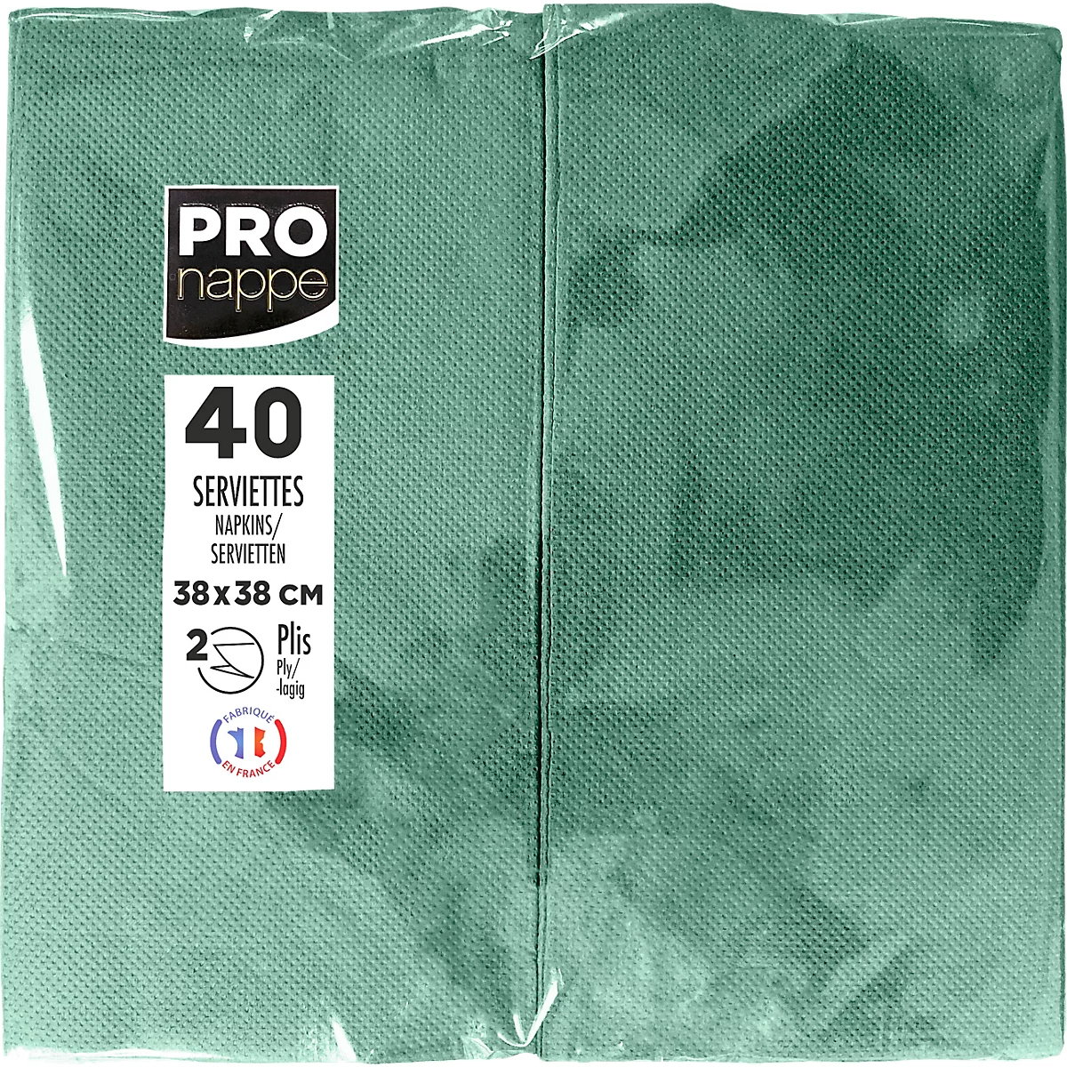 Ein eingepacktes Paket grun Servietten, grun. Aufgedruckte Schrift: "PRO nappe", "40 Servietten, 38x38 cm".