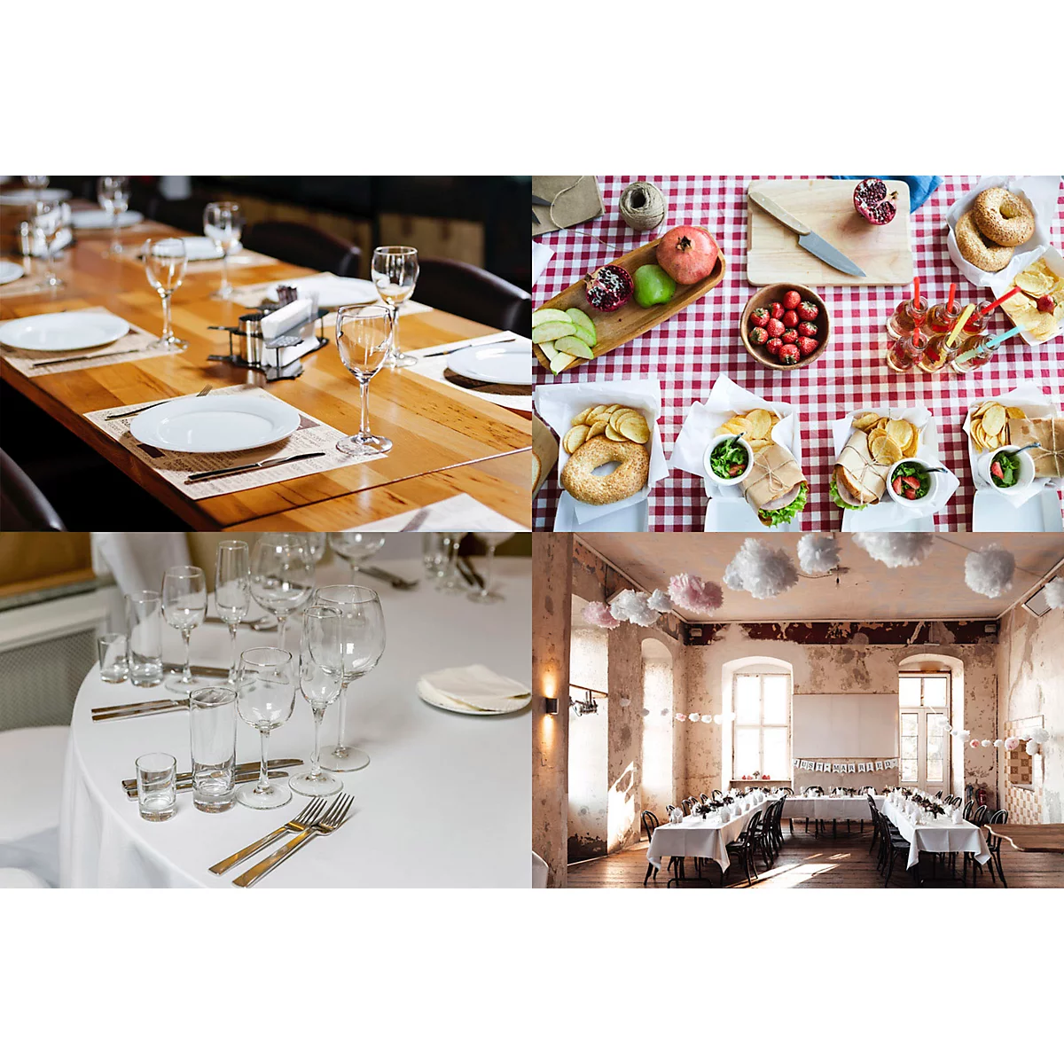 Vier foto's van tafels gedekt met eten. Houten en witte tafelkleden, bestek, glazen, eten.