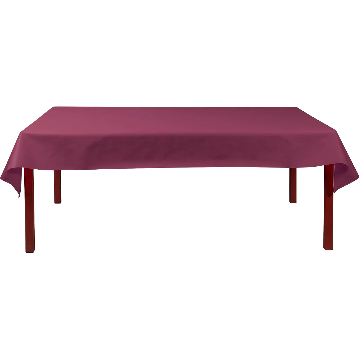 Een rechthoekige tafel bedekt met een bordeauxrood tafelkleed. Donkerbruine tafelpoten.