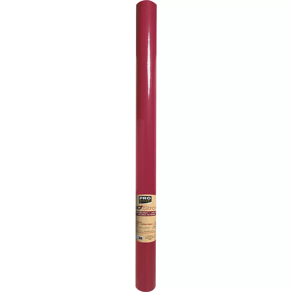 Een cilindrische, wijnrode fles met een etiket met informatie.