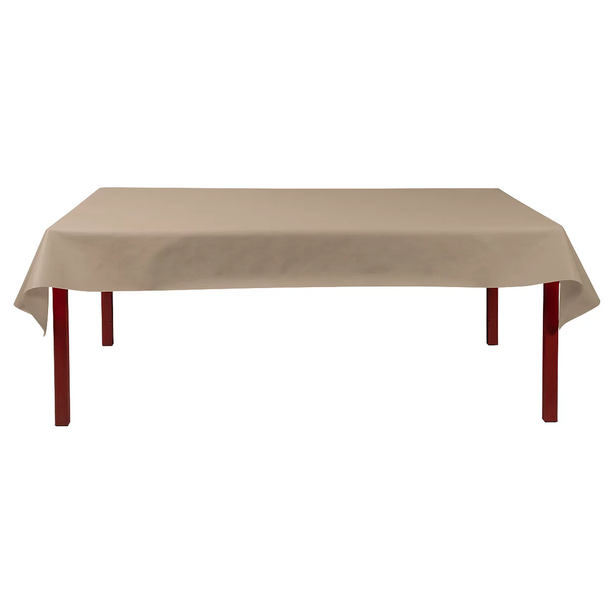 Een rechthoekige tafel met een beige tafelkleed, op rode poten.