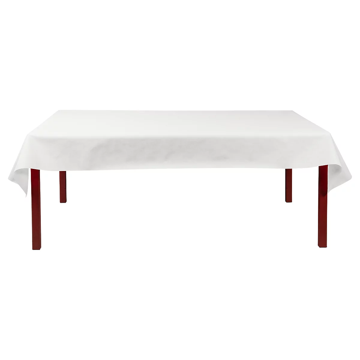 Een rechthoekige tafel met een wit tafelkleed op rode tafelpoten.