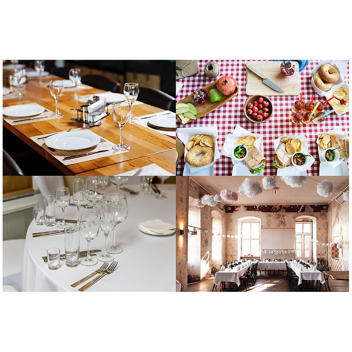 Verschillende tafels gedekt, een picknick en een evenementenlocatie. Houten en witte tafelkleden, glazen, borden, bestek, eten en decoratie.