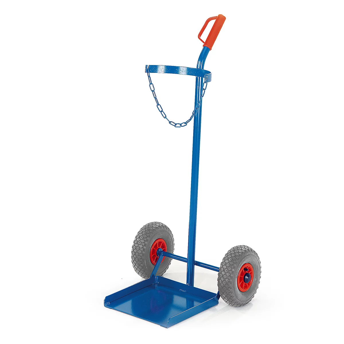 Blue gas cylinder cart with two wheels. A holder with a chain at the top, a shelf at the bottom.