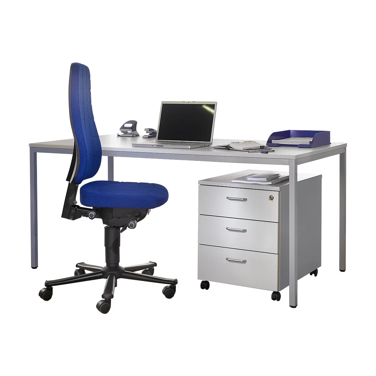 Office setup featuring desk, swivel chair, laptop, and drawer cabinet. The chair is blue, the desk and cabinet are gray.