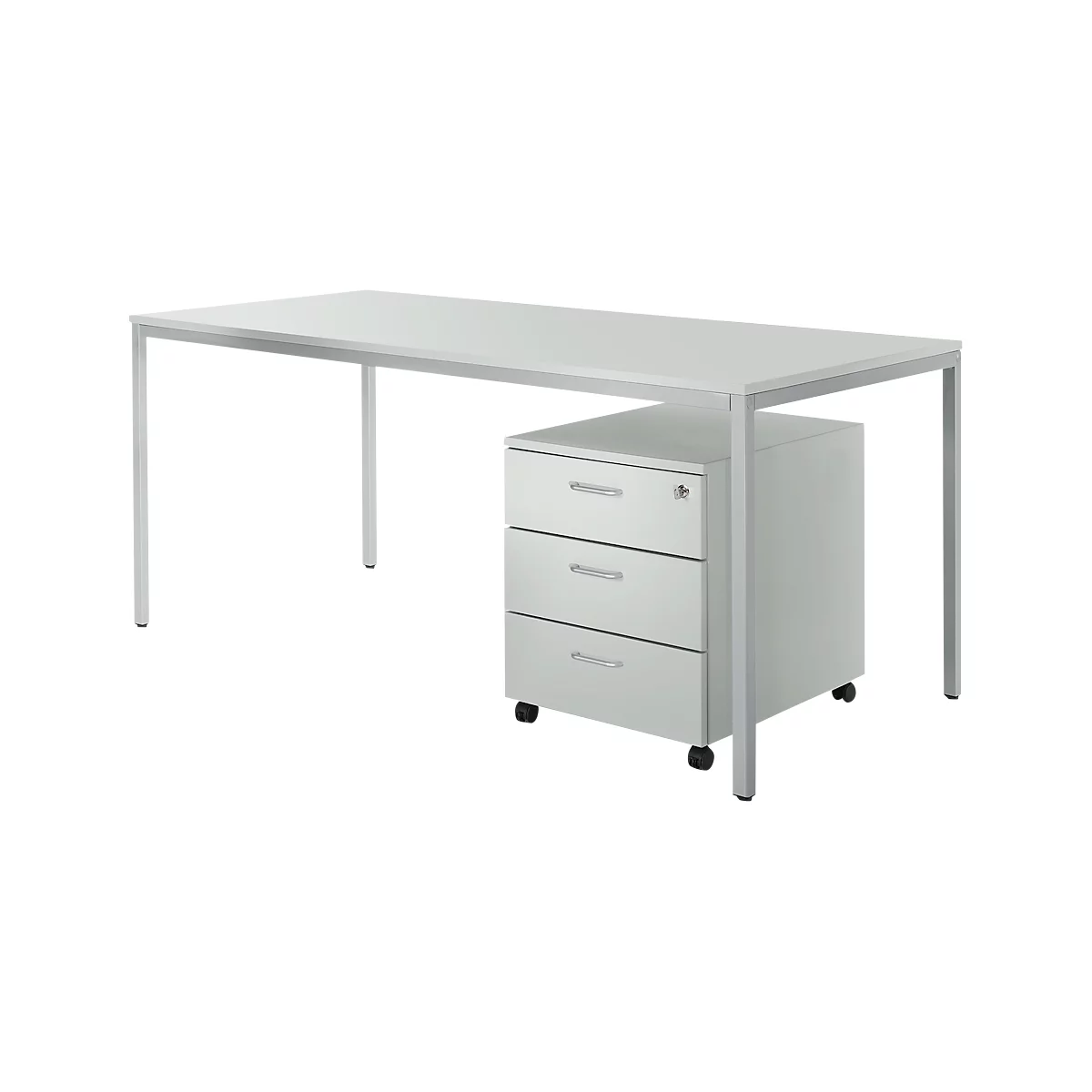 White desk with metal frame and three-drawer rolling cabinet.