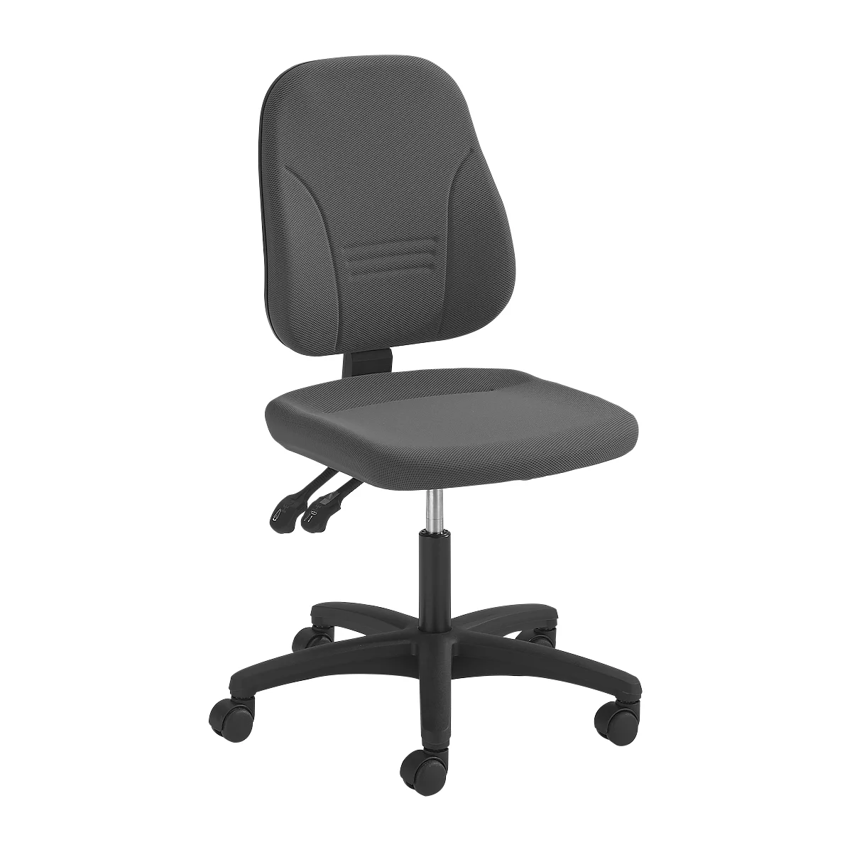A gray office chair. The backrest is ergonomically shaped, the seat is square. The frame and castors are black.