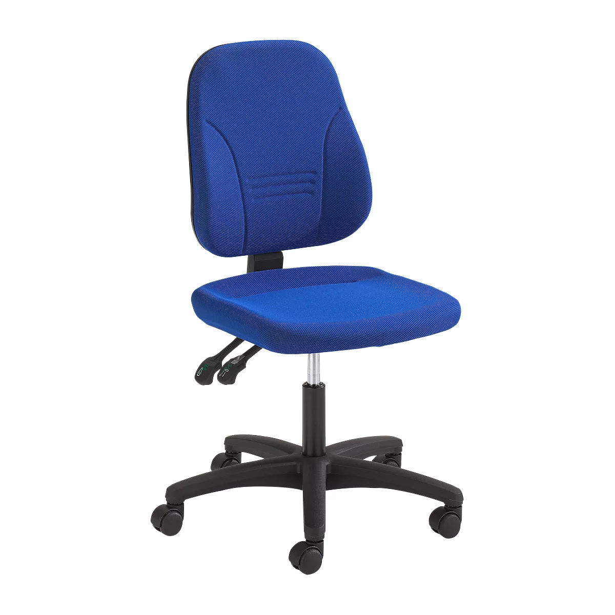 Blue office chair with backrest, seat and rolling base.