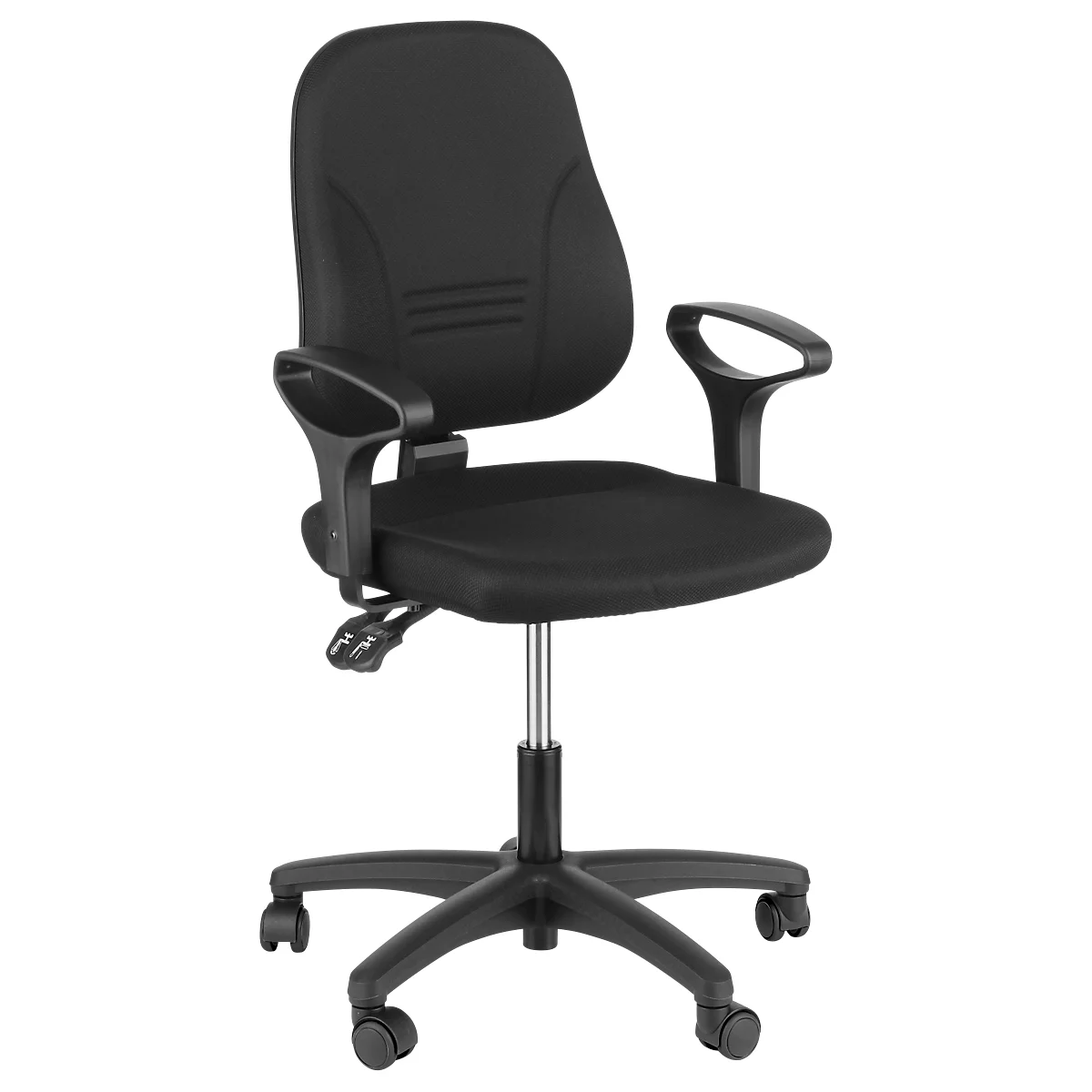Black office chair with armrests, five casters, height adjustable.