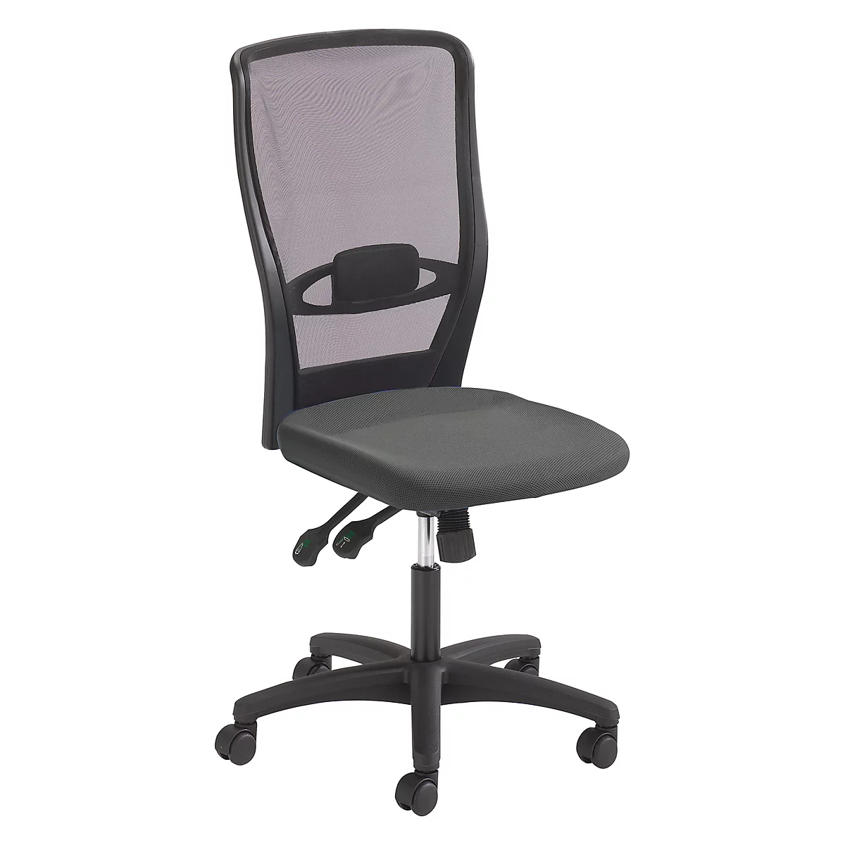 A black office chair on casters. It has a mesh back and a padded seat.