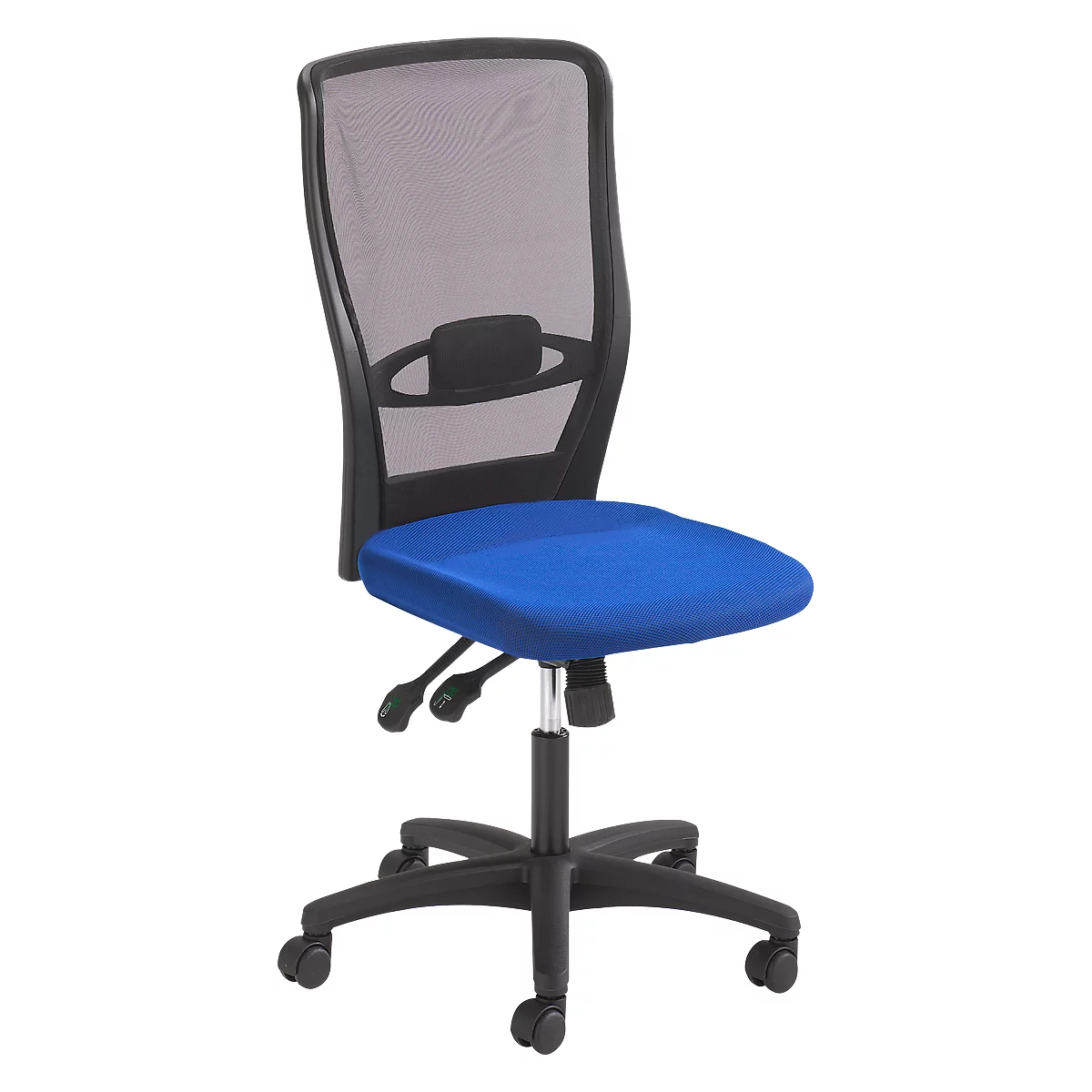 An office chair with a blue seat, black frame and mesh back, on wheels.