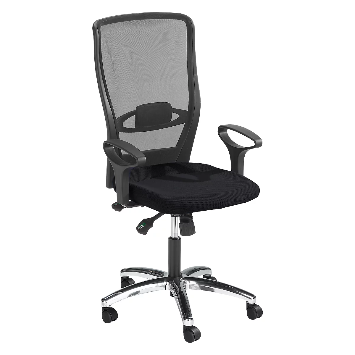 Black office chair with mesh back, armrests and chrome base on wheels.