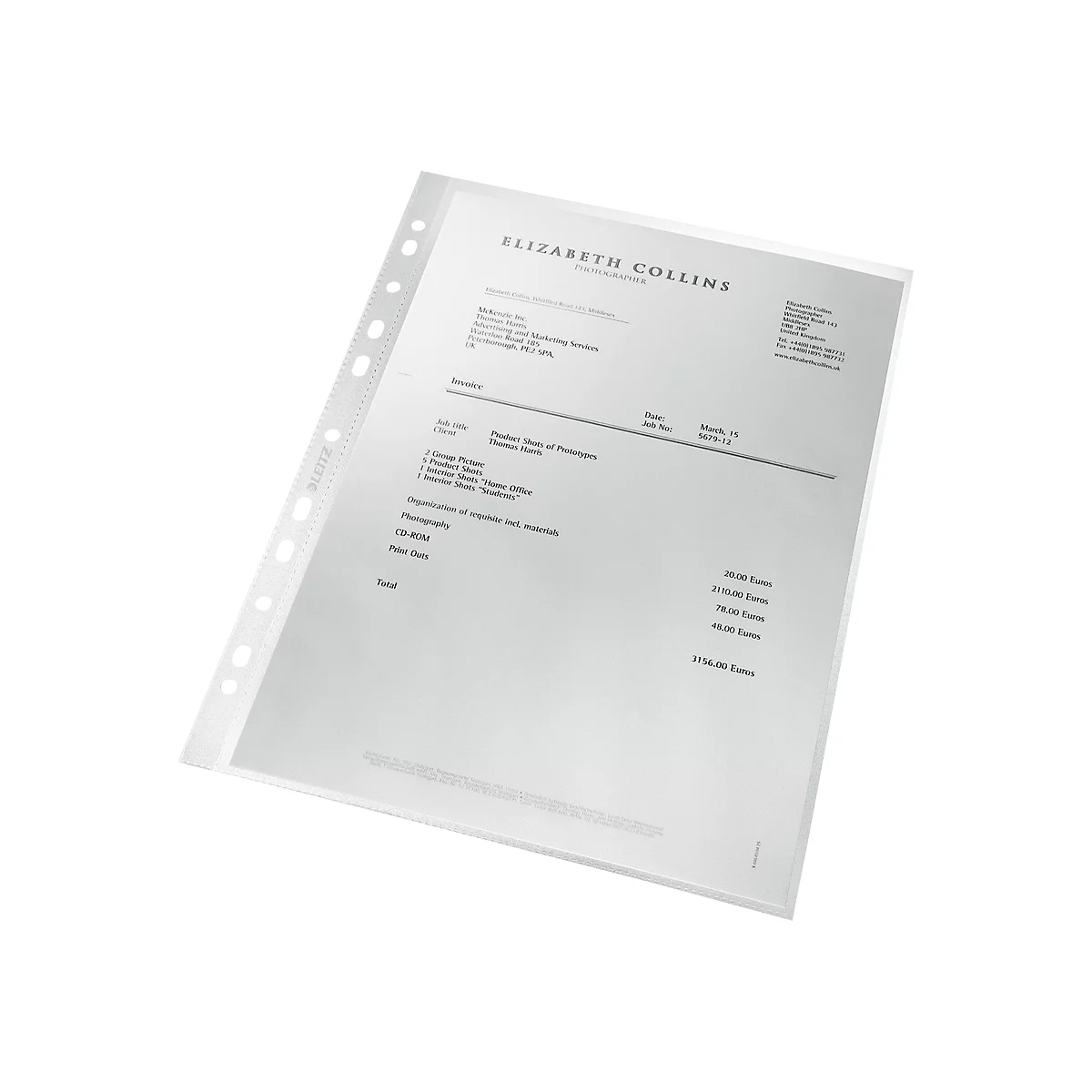 Transparentes Dokument in einer Klarsichthülle mit Lochrand.