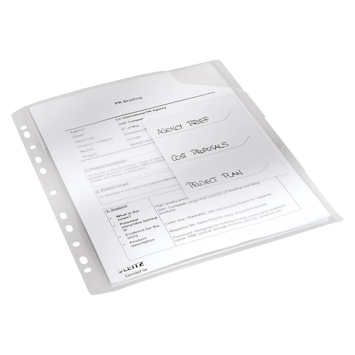 Dokumente in transparenter Hülle, darunter ein Briefing, und Karteikarten mit 'Agency Brief', 'Cost Proposals' und 'Project Plan'.