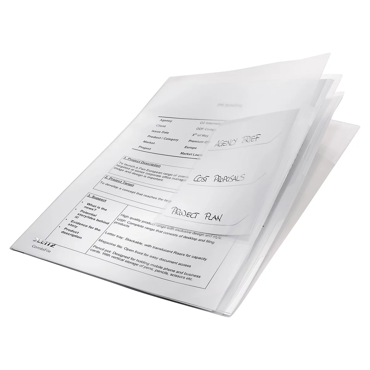 Ordner mit losem Papier. Beschriftungen: 'Agency Brief', 'Cost Proposals', 'Project Plan'. Die Blätter sind leicht transparent.