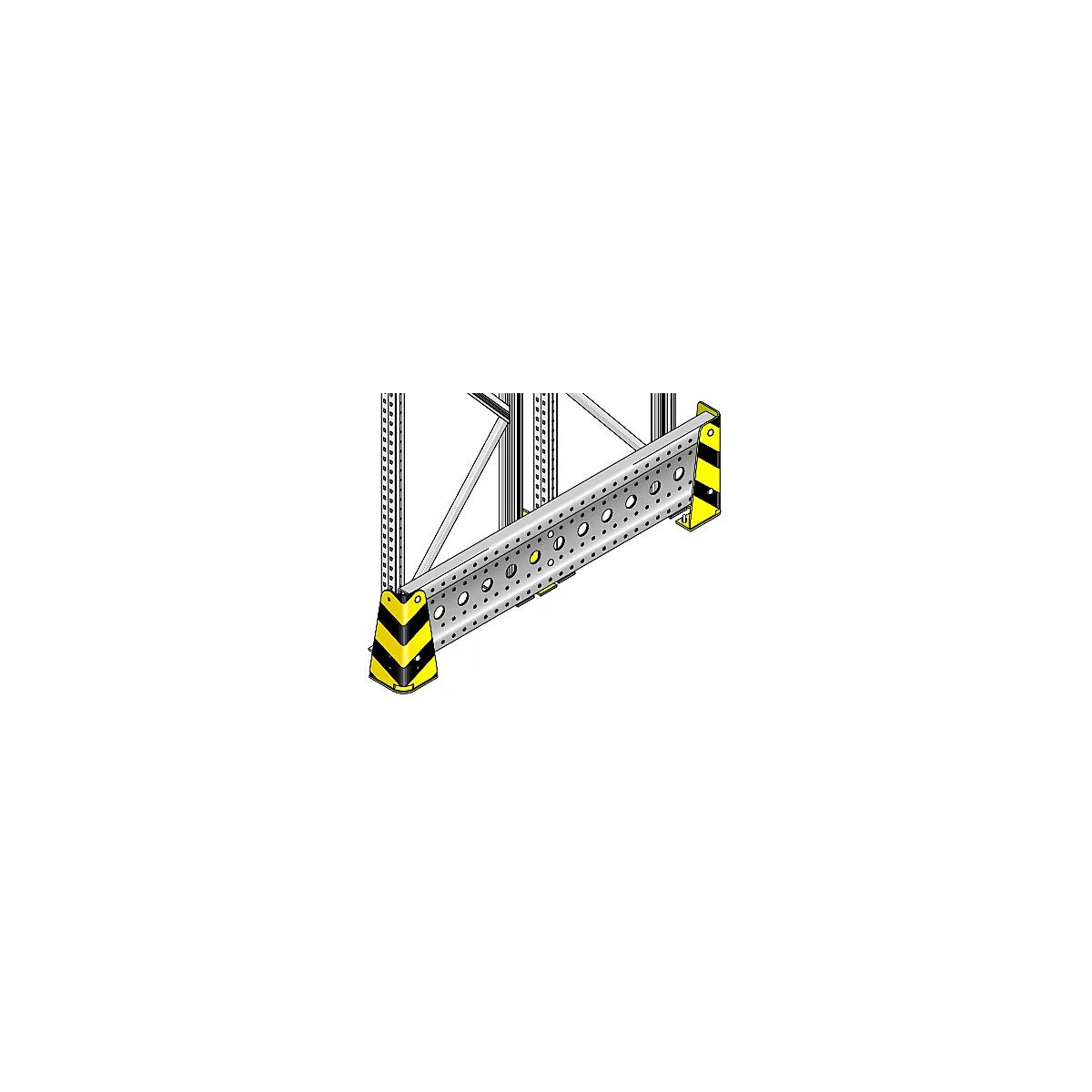 Estantería metálica con perforaciones y protección de esquinas amarilla y negra. Detalles de la construcción de la estantería.