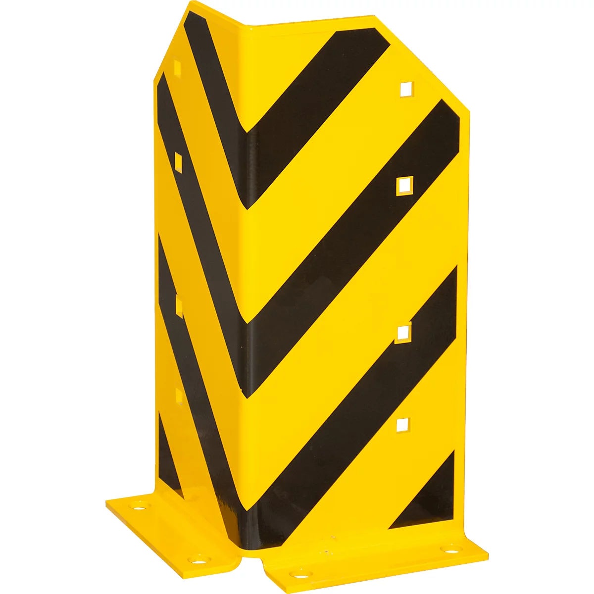 Protection d'angle jaune et noire avec rayures diagonales, trous et pieds de fixation.