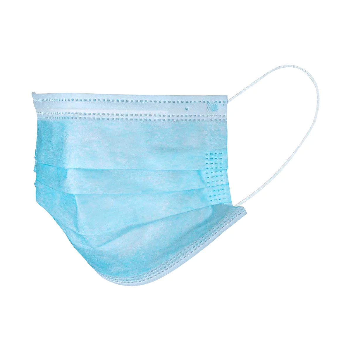 Masque chirurgical bleu clair avec des boucles d'oreilles blanches. Le matériau plié est ourlé sur les bords.