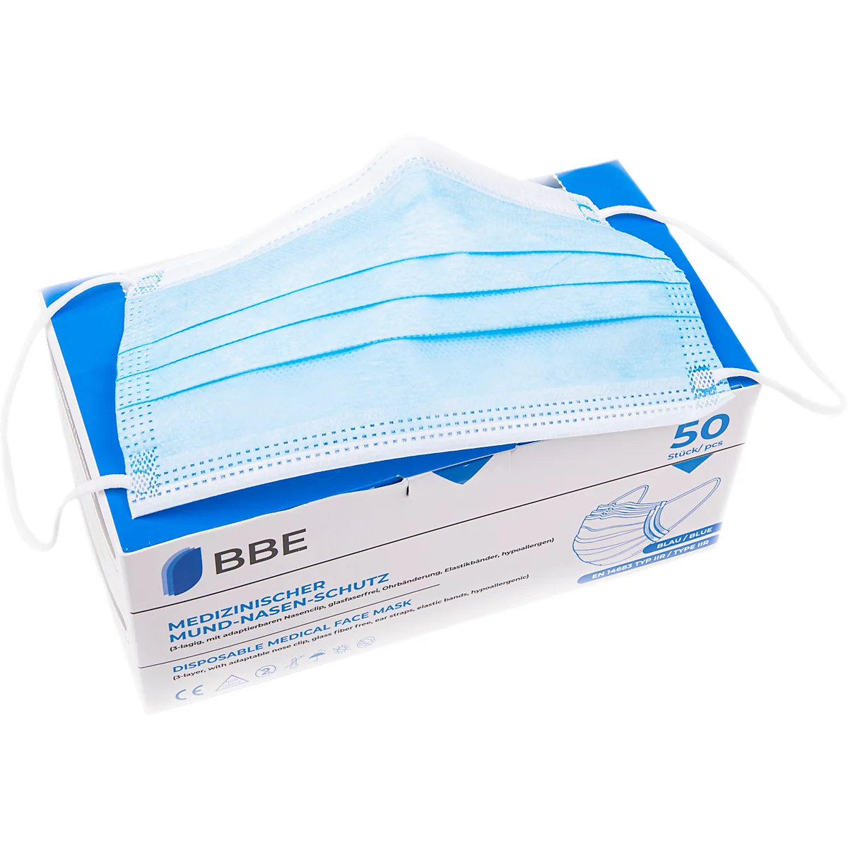 Masque facial médical bleu et blanc posé sur une boîte blanche. La boîte indique "MEDIZINISCHER MUND-NASEN-SCHUTZ".