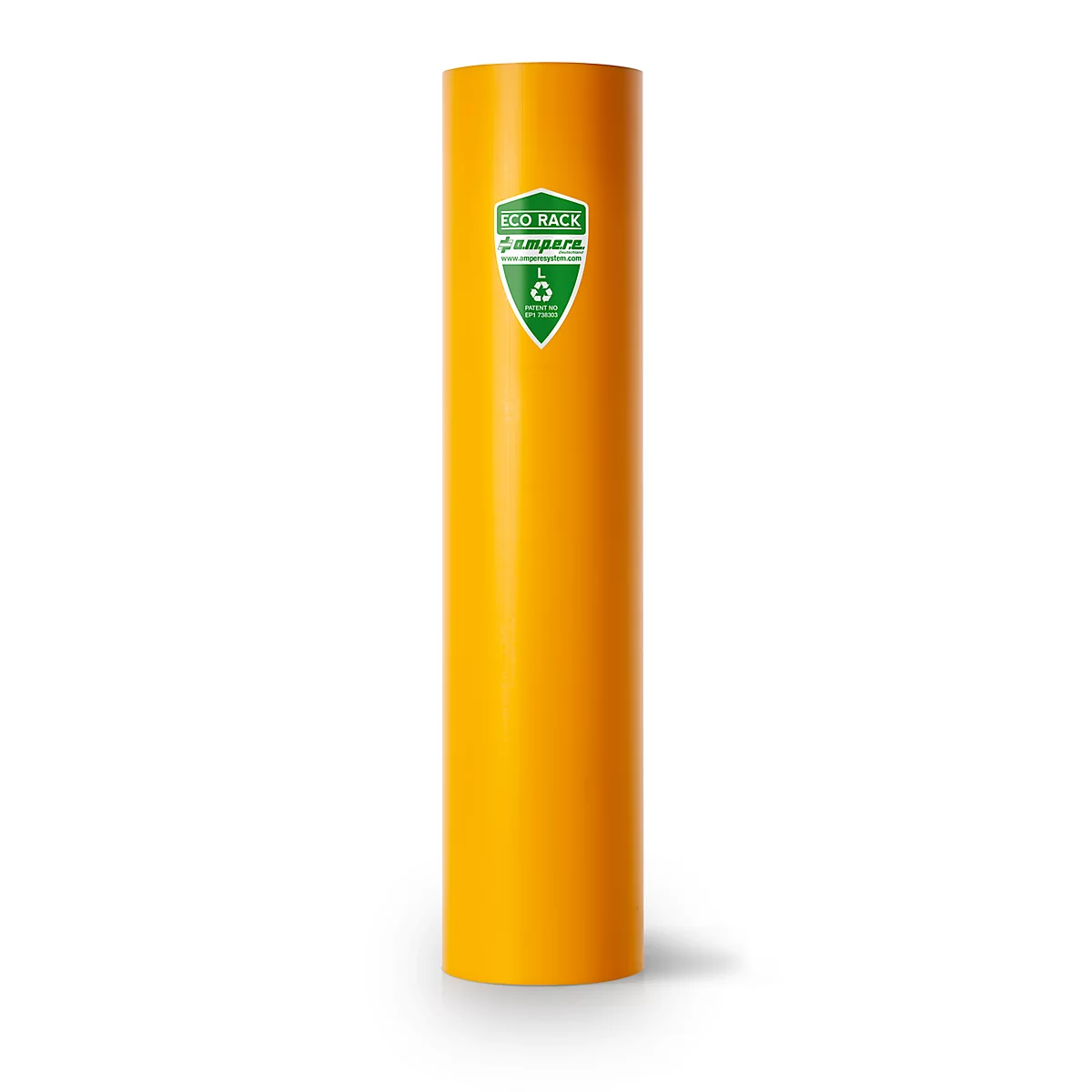 Poubelle cylindrique jaune. Autocollant avec "ECO RACK Campera" et une feuille verte.