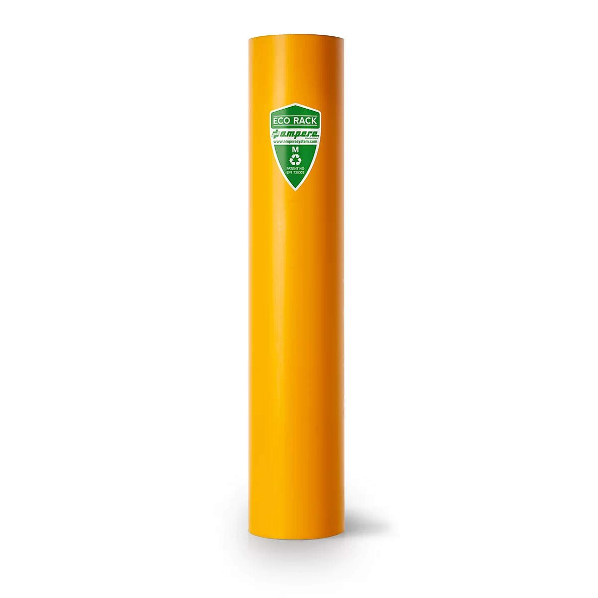 Colonne cylindrique jaune avec logo vert. Inscription : Eco Rack Compera.