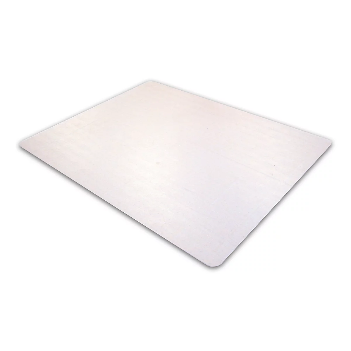 Transparent chair mat, rectangular with rounded corners, on a white background.