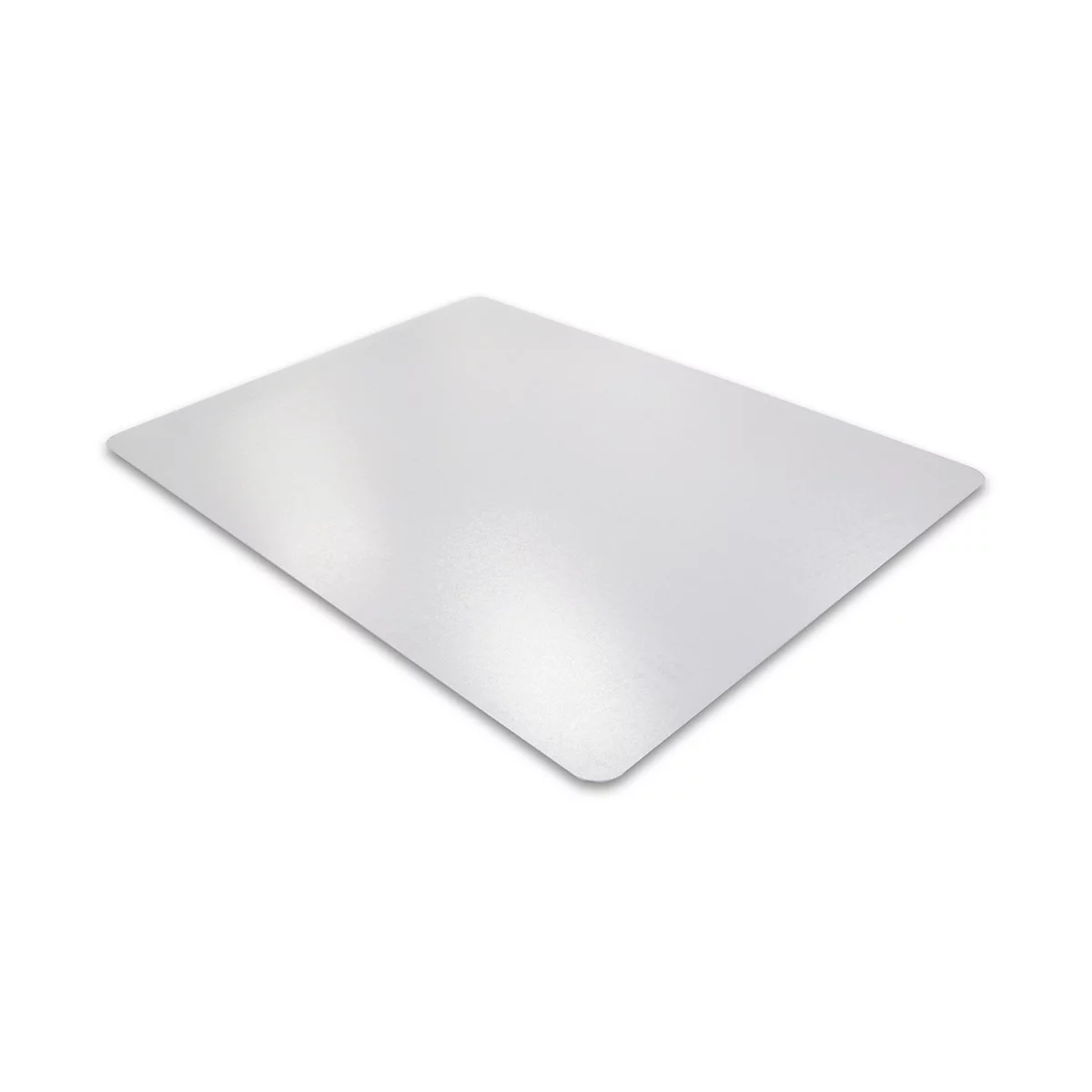 Rectangular, transparent desk pad. Rounded corners. Slightly shaded on a light background.