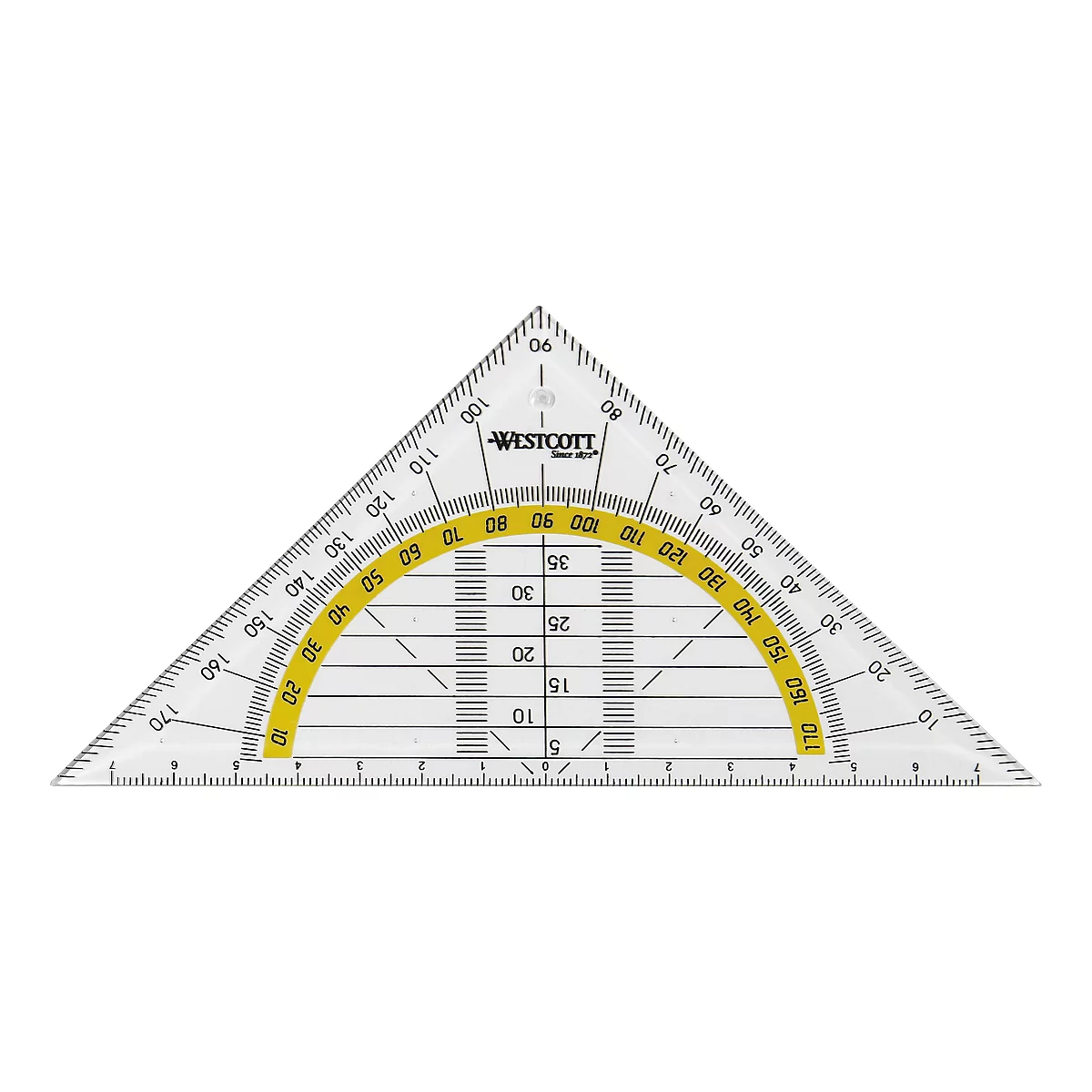 Triangle protractor with yellow semi-circle angle measurement and graduated scale.