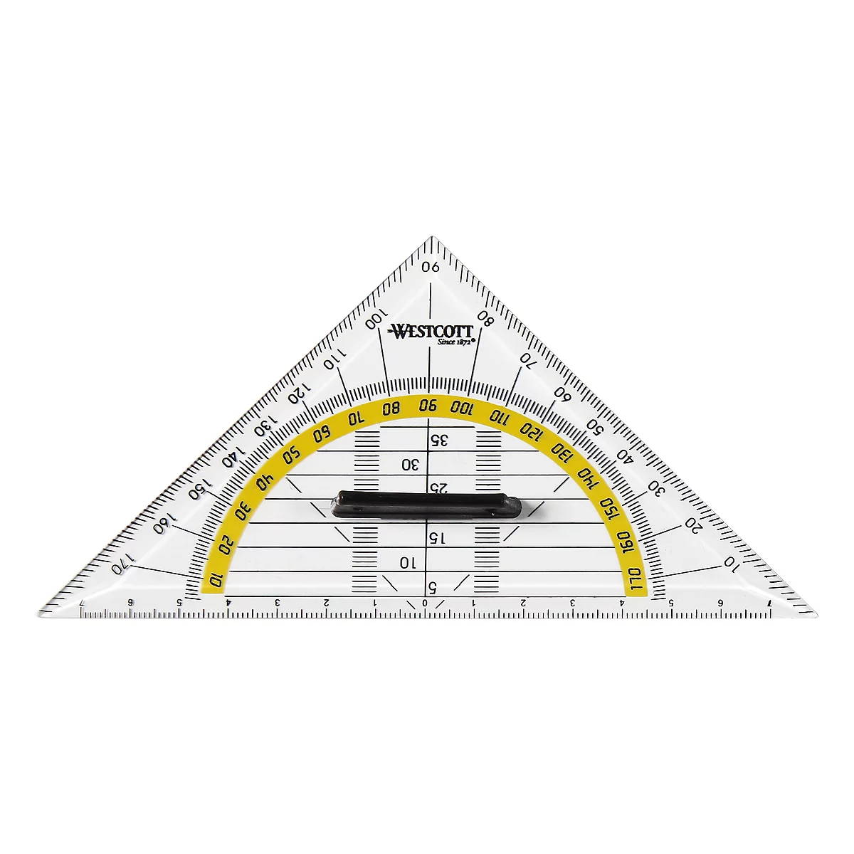 Transparent triangular protractor with yellow angle display and black handle, scale and markings.