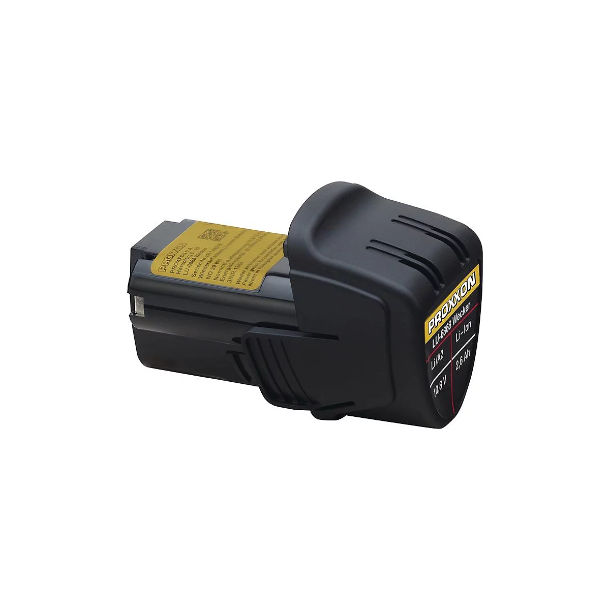 Batterie noire avec une étiquette jaune. Inscription: Proxxon, LU-5886 Wecker, Li-Ion 10.8V 2.6Ah.